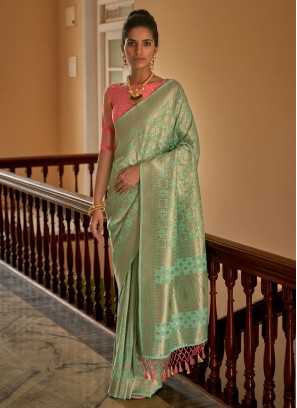 Crepe Silk Sea Green Weaving Contemporary Saree