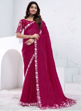 Crepe Silk Sequins Contemporary Saree in Rani