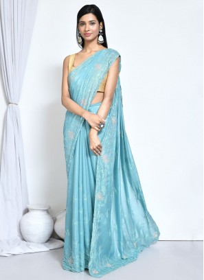 Crepe Silk Trendy Saree in Firozi