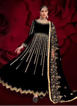 Customary Embroidered Faux Georgette Black Floor L