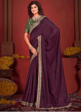 Customary Vichitra Silk Purple Traditional Saree