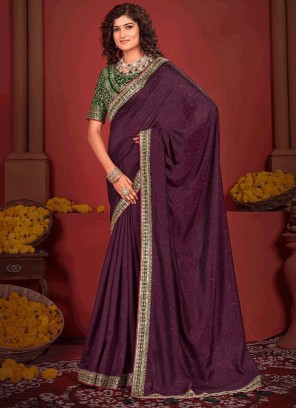 Customary Vichitra Silk Purple Traditional Saree