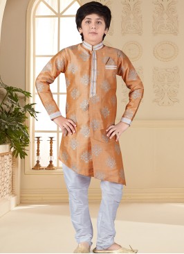 Peach Jacquard Indo Western Suit for Boys.
