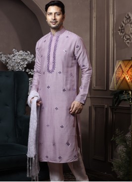 Light Lavender Silk Kurta Pajama with Off-White Po