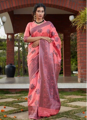 Dark Pink Color Weaving Silk Saree