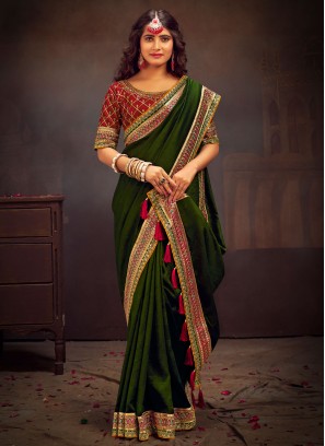 Dashing Green Border Vichitra Silk Contemporary Saree