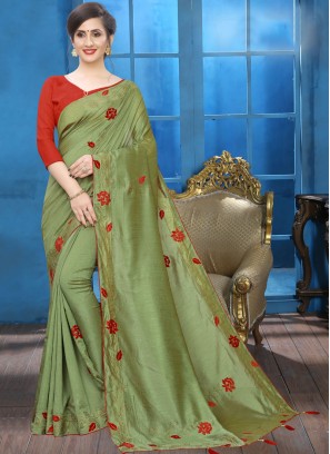 Dashing Silk Green Embroidered Traditional Designer Saree