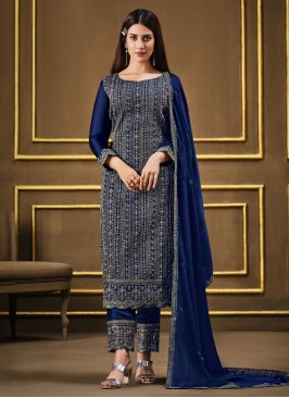Dazzling Blue Embroidered Trendy Salwar Suit