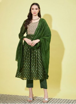 Dazzling Chanderi Green Printed Trendy Salwar Kameez
