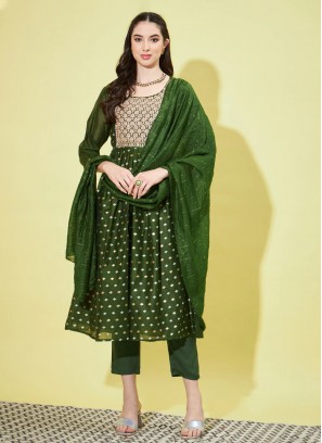 Dazzling Chanderi Green Printed Trendy Salwar Kameez