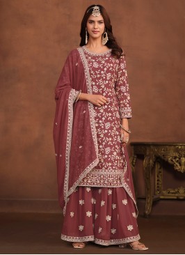 Dazzling Mauve  Embroidered Faux Georgette Trendy 