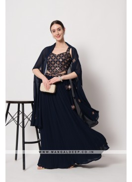 Dazzling Navy Blue Crushed Georgette Party Wear Le
