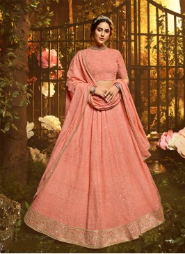 Delectable Embroidered Peach Georgette Lehenga Cho