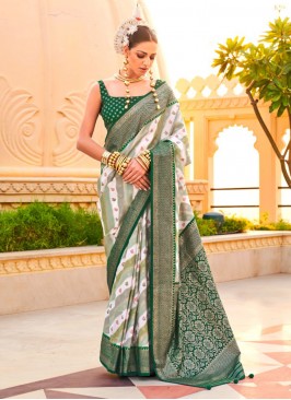 Delectable Foil Print Green Silk Classic Saree