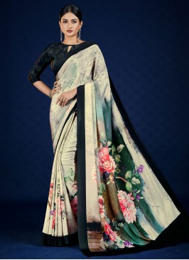 Delectable Off White Digital Print Pure Crepe Classic Saree