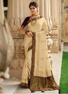 Delightful Cream Satin Silk Contemporary Style Saree