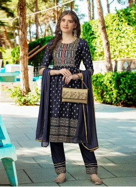 Delightful Print Navy Blue Rayon Designer Salwar Suit