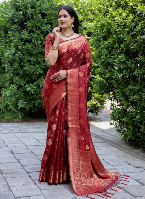 Delightful Weaving Silk Maroon Contemporary Saree