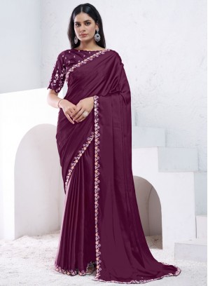 Delightful Wine Sequins Satin Silk Contemporary Saree