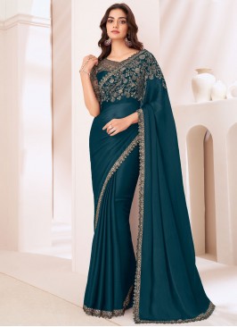 Delightsome Sequins Morpeach  and Teal Chiffon Satin Trendy Saree