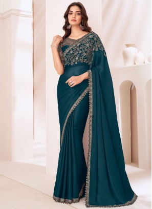 Delightsome Sequins Morpeach  and Teal Chiffon Satin Trendy Saree