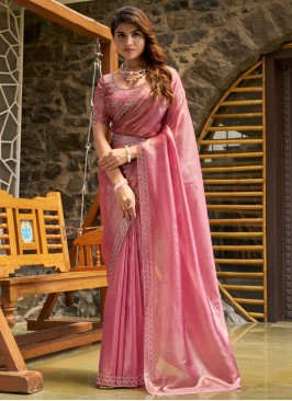 Demure Cotton Silk Rose Pink Swarovski Classic Saree