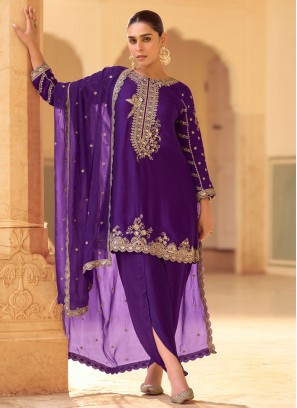 Demure Embroidered Violet Crepe Silk Trendy Salwar Kameez