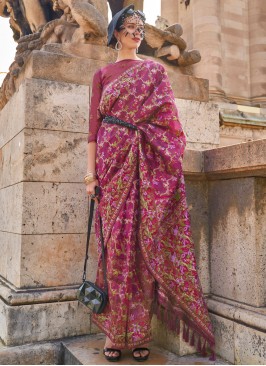 Demure Organza Burgundy Weaving Trendy Saree