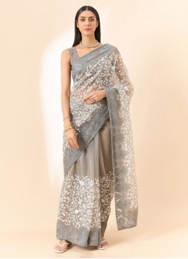 Demure Organza Floral Print Contemporary Saree