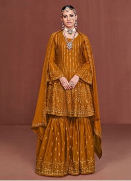 Demure Silk Embroidered Mustard Designer Pakistani