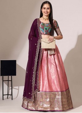 Demure Silk Pink Weaving Trendy Lehenga Choli