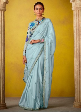 Demure Tissue Embroidered Aqua Blue Trendy Saree