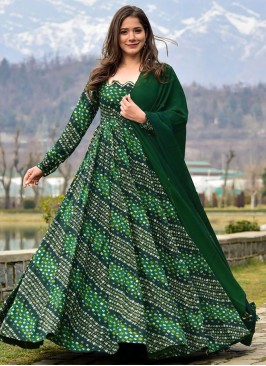 Deserving Digital Print Green Rayon Designer Gown