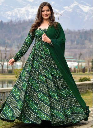 Deserving Digital Print Green Rayon Designer Gown