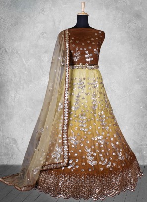 Deserving Net Sequins Brown Trendy Lehenga Choli