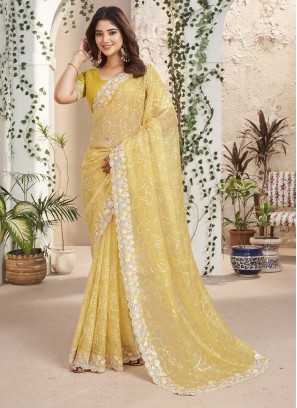 Deserving Sequins Yellow Trendy Saree