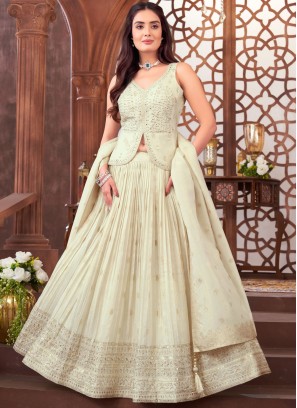 Deserving Silk Embroidered Off White Readymade Lehenga Choli