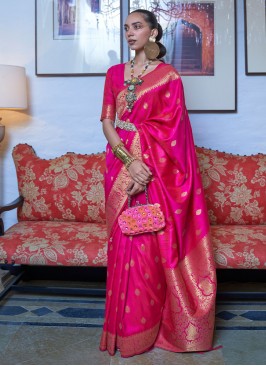 Deserving Weaving Hot Pink Handloom silk Trendy Saree