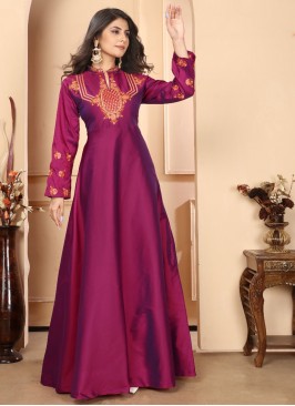 Designer Gown Embroidered Silk in Burgundy