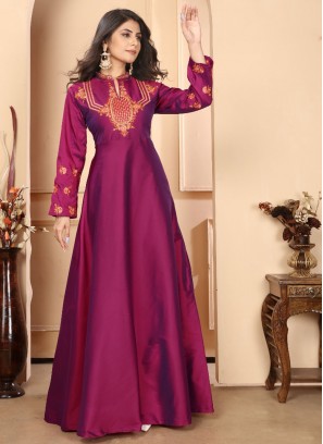 Designer Gown Embroidered Silk in Burgundy