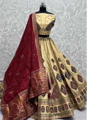 Designer Lehenga Choli Embroidered Banarasi Silk in Cream