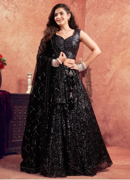 Designer Lehenga Choli Patchwork Net in Black