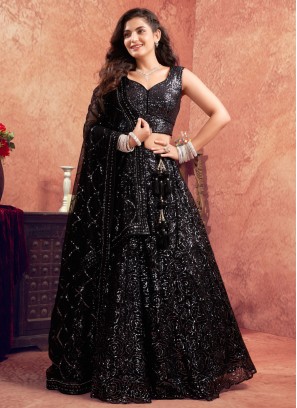 Designer Lehenga Choli Patchwork Net in Black