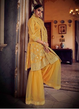 Designer Pakistani Salwar Suit Mirror Net in Mustard