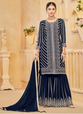 Designer Salwar Kameez Zari Faux Georgette in Navy Blue