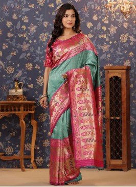 Designer Saree Embroidered Banarasi Silk in Sea Gr