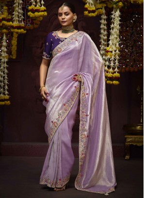 Designer Saree Embroidered Kanjivaram Silk in Lavender