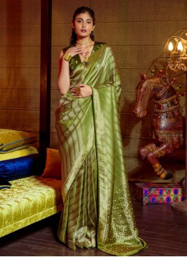 Designer Saree Embroidered Satin in Green