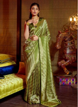 Designer Saree Embroidered Satin in Green