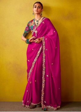 Designer Saree Embroidered Tissue in Magenta and Rani